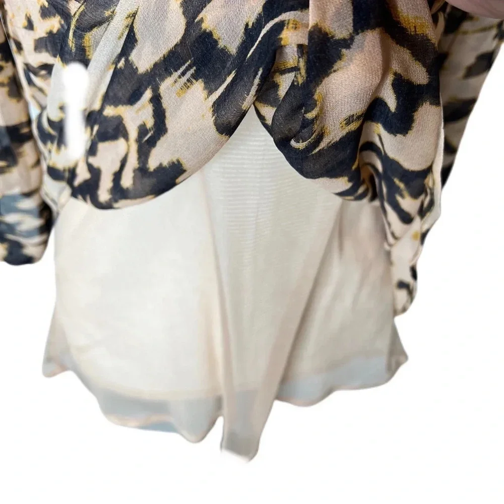 Tracy Reese Peach Black Graphic Print Silk 3/4 Blouse Puff Sleeve Blouse Top Med